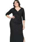 Fitted V-Neck Side Slit Plus Size Maxi Dress