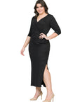 Fitted V-Neck Side Slit Plus Size Maxi Dress