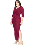 Fitted V-Neck Side Slit Plus Size Maxi Dress