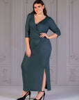 Fitted V-Neck Side Slit Plus Size Maxi Dress