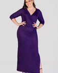 Fitted V-Neck Side Slit Plus Size Maxi Dress