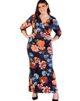 Plus Size Black Floral Three Quarter Sleeve Side Slit Maxi Dress