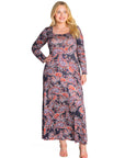 Long Sleeve Black Paisley A Line Plus Size Maxi Dress