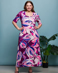 24seven Comfort Apparel Plus Size Purple Floral Print Elbow Sleeve Casual A Line Maxi Dress