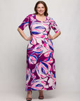 24seven Comfort Apparel Plus Size Purple Floral Print Elbow Sleeve Casual A Line Maxi Dress