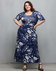 24seven Comfort Apparel Plus Size Blue Floral Print Elbow Sleeve Casual A Line Maxi Dress