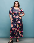 24seven Comfort Apparel Plus Size Navy Floral Print Elbow Sleeve Casual A Line Maxi Dress