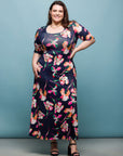 24seven Comfort Apparel Plus Size Navy Floral Print Elbow Sleeve Casual A Line Maxi Dress