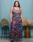 24seven Comfort Apparel Plus Size Pink and Brown Print Scoop Neck A Line Sleeveless Maxi Dress