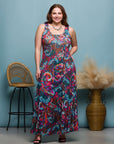 24seven Comfort Apparel Plus Size Pink and Brown Print Scoop Neck A Line Sleeveless Maxi Dress