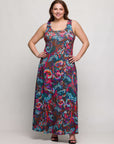 24seven Comfort Apparel Plus Size Pink and Brown Print Scoop Neck A Line Sleeveless Maxi Dress