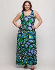 24seven Comfort Apparel Plus Size Blue Butterfly Print Scoop Neck A Line Sleeveless Maxi Dress