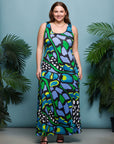 24seven Comfort Apparel Plus Size Blue Butterfly Print Scoop Neck A Line Sleeveless Maxi Dress