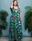 24seven Comfort Apparel Plus Size Blue Butterfly Print Scoop Neck A Line Sleeveless Maxi Dress