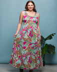 24seven Comfort Apparel Plus Size Hot Pink Paisley Print Scoop Neck A Line Sleeveless Maxi Dress