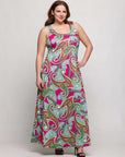 24seven Comfort Apparel Plus Size Hot Pink Paisley Print Scoop Neck A Line Sleeveless Maxi Dress