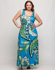 24seven Comfort Apparel Plus Size Blue Paisley Print Scoop Neck A Line Sleeveless Maxi Dress