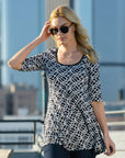 Womens Black Geometric Print Elbow Sleeve Casual Tunic Top
