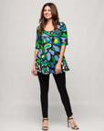 24seven Comfort Apparel Womens Blue Butterfly Print Elbow Sleeve Casual Tunic Top
