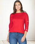 Three Quarter Sleeve Boatneck Cold Shoulder Top with Grommet Detail
