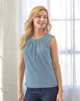 Womens Blue Print Pleated Crew Neckline Back Closure Sleeveless Top