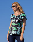 Cap Sleeve Green Butterfly Print Ruffle V Neck Womens Top