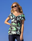 Cap Sleeve Green Butterfly Print Ruffle V Neck Womens Top