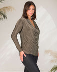 Cowl Neck Long Sleeve Shimmery Fabric Top