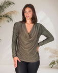 Cowl Neck Long Sleeve Shimmery Fabric Top