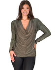 Cowl Neck Long Sleeve Shimmery Fabric Top