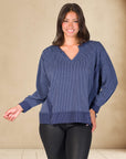 Relaxed Fit Ribbed Knit V Neck Sweatshirt Top