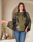 Green Tie Dye Batwing Sleeve Relaxed Fit Top