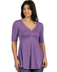 24seven Comfort Apparel Short Sleeve Tunic Top with Button Detail