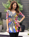24seven Comfort Apparel Multicolor Floral Print Elbow Sleeve V Neck Henley Tunic Top