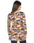 Orange Print Long Sleeve V Neck Tunic Top