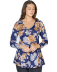 Blue Floral Long Sleeve V Neck Tunic Top