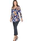 Blue Floral Long Sleeve V Neck Tunic Top