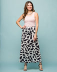 24seven Comfort Apparel Womens Black and White Print Elastic Waist A Line Maxi Skirt