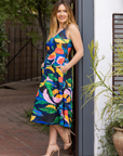 Womens Midi Length Multicolor Sleeveless Pleated Pocket Dress