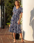 Womens Navy and White Short Sleeve Tie Waist Midi Dress