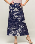 24seven Comfort Apparel Womens Navy Floral Print Elastic Waist A Line Maxi Skirt