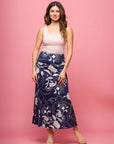 24seven Comfort Apparel Womens Navy Floral Print Elastic Waist A Line Maxi Skirt