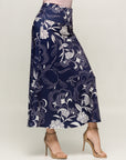 24seven Comfort Apparel Womens Navy Floral Print Elastic Waist A Line Maxi Skirt