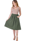 Elastic Waist Pleated Knee Length Pocket Skirt