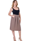Elastic Waist Pleated Knee Length Pocket Skirt