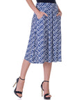 Navy Print Elastic Waist Pleated Knee Length Pocket Skirt