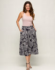 24seven Comfort Apparel Womens Black Geometric Print Elastic Waist Pocket Midi Skirt