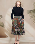 Green Print Elastic Waist Pocket Midi Skirt