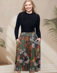 Green Print Elastic Waist Pocket Midi Skirt