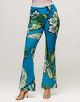 24seven Comfort Apparel Teal Paisley Print Bell Bottom Foldover Waist Pants